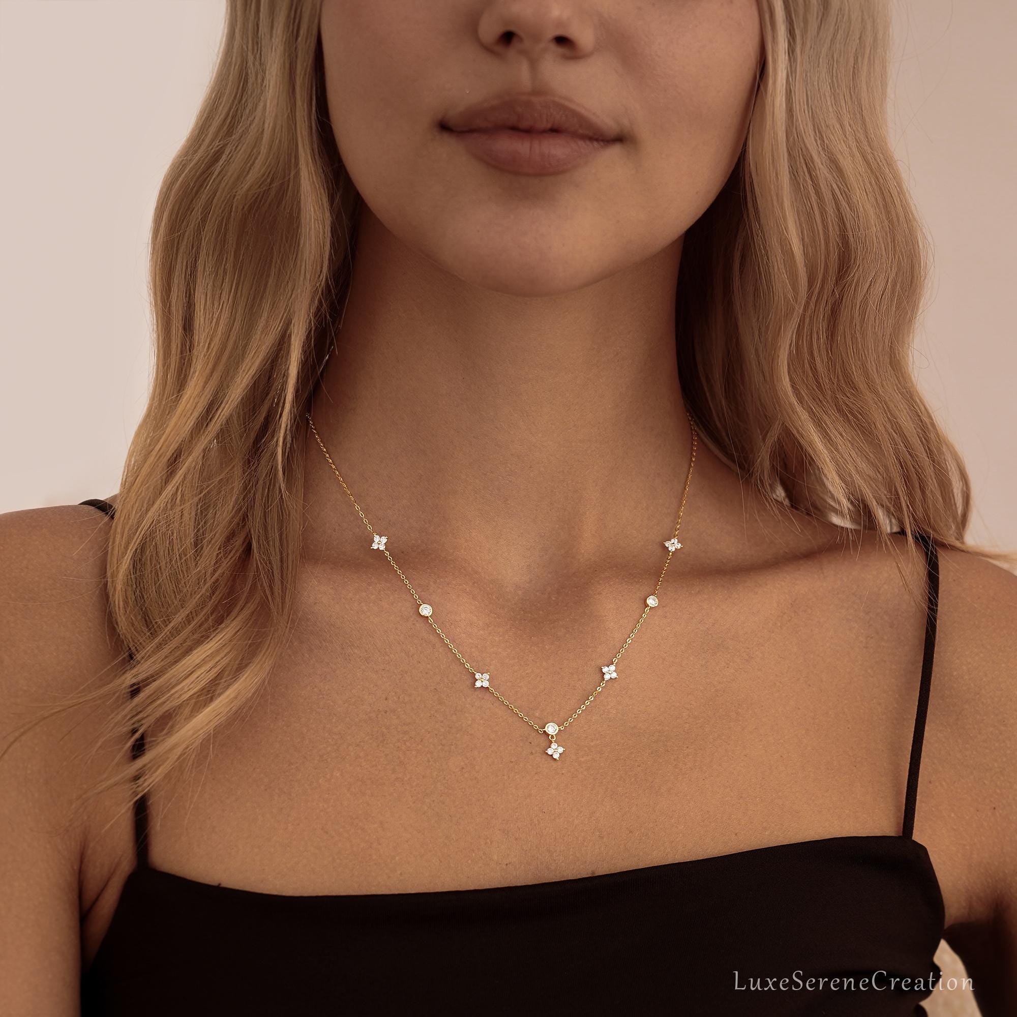 Crystal Flowers Necklace Sterling Silver Marquise Diamond Dangle Crystal Flowers Necklace Sterling Silver Marquise Diamond Dangle